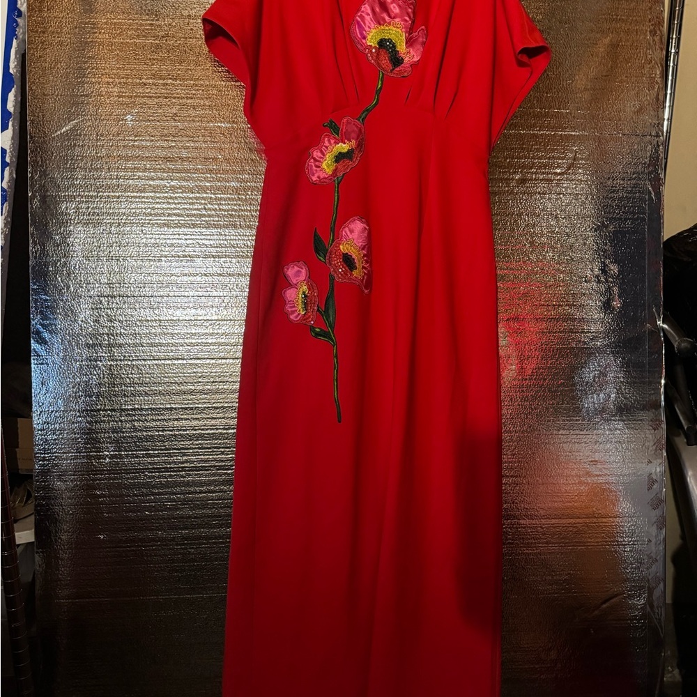 FEHAUTE Red Applique Boat Neck Short Sleeve Backless Sheath Maxi Dress.  Size 14 - Picture 4 of 11
